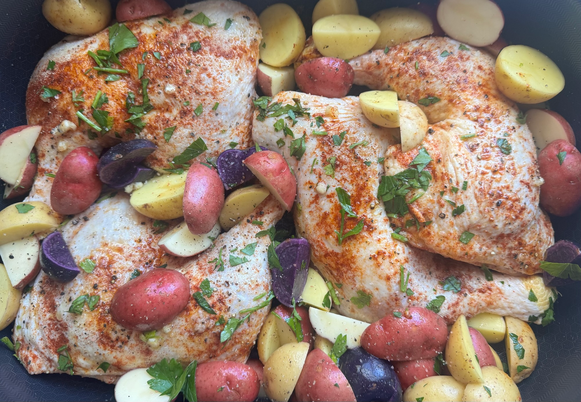 One Pan Roasted Chicken with baby potatoes and spinach